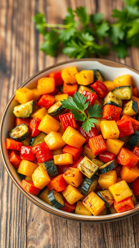 Crispy Air Fryer Vegetable Medley A bowl of crispy air-fried vegetable medley with bell peppers, zucchini, and carrots, garnished with parsley on a wooden table.